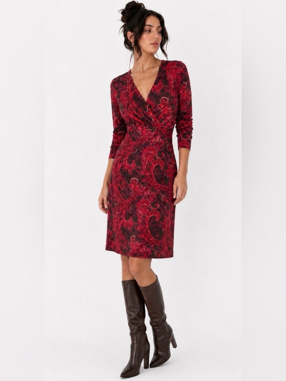 J.Jill Size Medium Red Paisley Print Faux Wrap V Neck Midi Dress